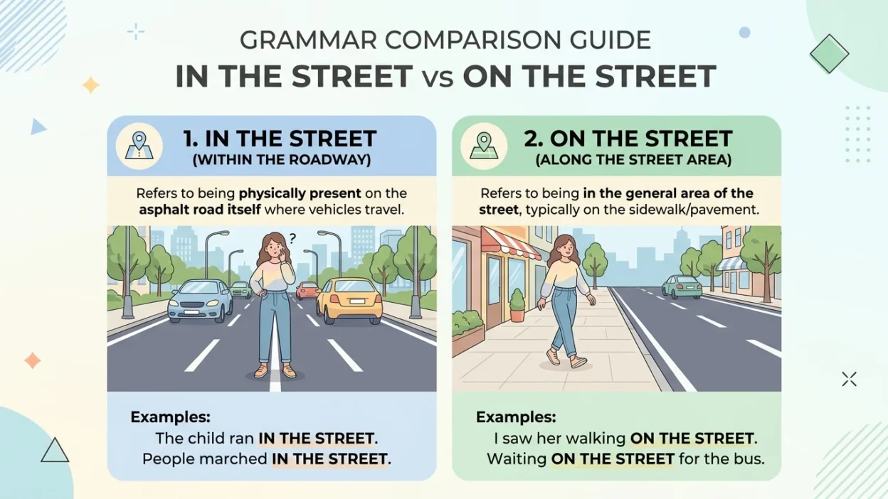 in the street or on the street